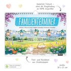 "FAMILIENTERMINER" steht groß in der Mitte. Malerische Landschaft mit Picknickkorb im Vordergrund. Größe: 30 x 21 cm.