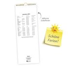 Schulferien 2027 mit Ferienzeiten, daneben ein gelber Zettel mit der Aufschrift "Schöne Ferien!" und eine lachende Sonne.