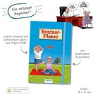 "Ein witziger Begleiter!" Rentner-Planer 2027, Illustration: Ältere Menschen beim Yoga, humorvolle Arzt-Szene.