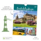 Text: "praktischer Wandkalender für Deutschland-Liebhaber", "Deutschlandreise", "Wochenkalender 2027", "Größe: 19 x 25 cm". Der Kalender zeigt drei Fotos: ein Schloss, eine Berglandschaft und eine bunte Straße. Links ist ein Leuchtturm als Illustration zu sehen. Unten links ein Hinweis auf nachhaltiges Papier.