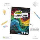 "Mein wissenswert organisierter Wochen-SCHULPLANER 2026/27." Bunte Illustration mit Spiralmuster und Schulutensilien.