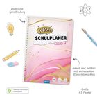 "Mein wissenswert organisierter Wochen-SCHULPLANER 2026/27." Rosa Hintergrund mit goldenen Linien, Spiralbindung.