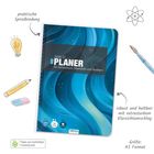 Text: "2026/27 DER PLANER für Gymnasium, Oberstufe und Studium." Spiralbindung, blaue abstrakte Hintergrundillustration.