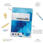 „Der Schulplaner 2026/27, organisiert - informiert - erfolgreich“, blaue Covergestaltung, Zeichnungen: Glühbirne, Pinsel.