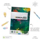 Texte: "praktische Spiralbindung", "robust und haltbar", "Größe: A5 Format". Illustration mit Glühbirne, Stift und Pinsel.