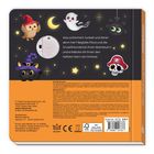 "Was schimmert, funkelt und blinkt denn hier?" Text beschreibt Abenteuer von Flora und Gruselfreunden. Illustration mit Eule, Geist, Katze, und Piratenschädel.