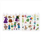 Auf zwei Seiten befinden sich bunte Kinderaufkleber von Märchenfiguren, Tieren und Symbolen wie Herzchen und Sternen.