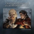 „Gratis Illustration zu jeder Bestellung!“ Zwei Figuren in historischer Kleidung, eine mit Blut an der Hand, in winterlicher Szenerie.