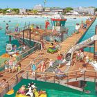 Ein Kai mit vielen Menschen, die Freizeitaktivitäten genießen. Ein Turm mit "DLRG", Kinder spielen, schwimmen, kajakfahren.