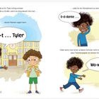 Texte: „T-t-t… Tyler“, „D-d-danke…“, „Wa-wa-warte!“. Illustration: Kinder vor Schule, ein Mädchen mit Kopftuch und Toilettenpapier.