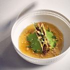 Ein kunstvoll angerichtetes Gericht in einer gelochten weißen Schale: grüne Sauce, braune Brühe, knusprige Garnitur oben.