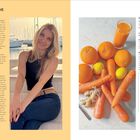 Links: "JULIA RAWSOME" über einer Frau, sie lächelt. Rechts: Rezept für "SPICY BOOST", daneben Orangen, Zitronen, Karotten.