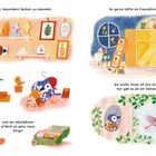 Text: Picopaco liebte es, besondere Sachen zu sammeln, mit ihrem Schnabel Holzspielzeuge zu schnitzen, und am allerliebsten erfand sie ganz neue Dinge! So gerne hätte sie Freundinnen und Freunde. Sie wollte ihnen all ihre Schätze zeigen. Nur gab es da ein kleines Problem...

Illustration: Eine bunte Szene mit einem Vogel, der Holz schnitzt, und einem hellen, gemütlichen Raum voller Kreaturen und Pflanzen.