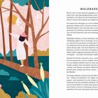 "WALDBADEN" und "EINFACHE GROUNDING-TECHNIKEN" als Überschriften. Illustration: Person im Kleid balanciert auf Baumstamm im Wald.