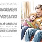 Text über Familie mit zwei Vätern. Illustration zeigt zwei Männer auf einem Sofa, die ein Kind umarmen und ein Buch lesen.