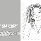 Text: "Zopf um Zopf". Links ein geflochtener Zopf, rechts eine Illustration eines lächelnden Kindes mit Dreadlocks und Kette.