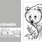 Text: "Echtes Bärenglück." Illustration eines neugierigen Bären hinter einem Baum, umgeben von Pflanzen und einem Bergmotiv.