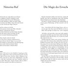 Links oben: "Nimorias Ruf". Rechts oben: "Die Magie des Erwachens". Unten: "Alyssa Westensee". Text links poetisch, rechts prosaisch.