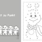 "Punkt zu Punkt" steht auf einer grauen Fläche über fünf Elefanten, die auf einem Seil balancieren. Rechts Zahlenrätsel einer Figur.