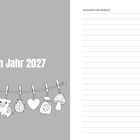 "Dein Jahr 2027" auf grauem Hintergrund, Illustrationen: Hufeisen, Klee, Schwein, Marienkäfer, Herz, Kleebeutel, Pilz.