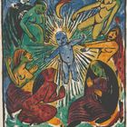 CMC. Farbige Zeichnung: Blauer, leuchtender Mensch in der Mitte, umgeben von farbigen Figuren in verschiedenen Posen.