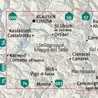 Klausen, Kastelruth, St.Ulrich, Sellagruppe; Straßen 54, 56, 57, 55, 683; graue Karte mit Bergen, Flüssen und Routen.