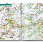 Übersichtskarte von Südtirol mit Straßen, Orten und Sehenswürdigkeiten. Enthält farbige Linien und Markierungen für Wege.