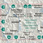 Karte des Nationalparks Stilfser Joch mit Orten wie Santa Maria und Bormio, umgeben von Routenangaben in grünem Sechseck.
