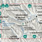 Karte mit Orten und Straßen im Lungau, wie Tamsweg und Zederhaus. Straße 291 bei Obertauern und 63 bei Gmünd markiert.