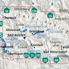 Eine Karte zeigt Orte wie Bad Aussee und Hallstatt. Seen wie Grundlsee sind blau markiert. Grüne Routen-Nummern sind hervorgehoben.