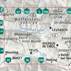 Eine topografische Karte zeigt die Region von Seefeld in Tirol mit umliegenden Gebirgen und Orten.