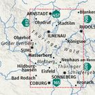 Karte mit Städtenamen: Arnstadt, Ilmenau, Rudolstadt, Suhl, Coburg, Sonneberg. Markierungen für wichtige Straßen.