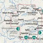 Eine Landkarte zeigt Orte in Österreich und an der Grenze zu Tschechien, mit Straßen und Flüssen im Waldviertel.