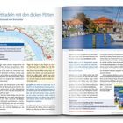 Seite beschreibt eine Radroute von Glückstadt nach Brunsbüttel. Karte zeigt Streckenverlauf an der Elbe entlang, Bild zeigt Hafenansicht.