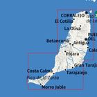 Texte: Corralejo, El Cotillo, Puerto del Rosario, Costa Calma, Morro Jable. Karte von Fuerteventura im Atlantik.