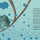 Text über Vögel: Heimat, Schutz, Wipfel und Wasser. Illustration von Vögeln auf einem Ast, Regentropfen und Wolken.