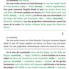 Capítulo 1: Spanischer Text über einen Sturm. Übersetzung einzelner Wörter ins Deutsche in Grün. Abschnitt 1: Geschichte.