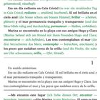 „Capítulo 1: Un sonido misterioso.” Spanisch-deutscher Text über einen strahlenden Tag und einen ruhigen Strand.