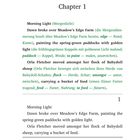 Kapitel 1. Morgenlicht. Beschreibung eines Morgens auf Meadow's Edge Farm mit einer Frau namens Orla Fletcher und ihren Schafen.