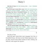 "Story 1" mit zweisprachigen Notizen in grün. "First Day of Term" beschreibt Ruths Erfahrungen an der Greenfield Primary.