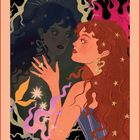 "Umarmen Sie Ihr Spiegelbild." Eine Frau mit lockigem Haar berührt ihr Spiegelbild, umgeben von sternförmigen Elementen.