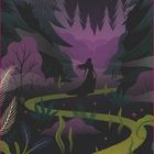 „DER PFAD“ steht auf einem Schild. Illustration: Eine Silhouette geht auf einem Pfad durch einen mystischen Wald bei Nacht.