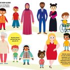 Ein Illustration mit vielfältigen Figuren. Texte betonen Unterschiede in Größe, Alter, Hautfarbe und Körperfunktionen.