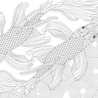 Illustration von zwei detailliert gezeichneten Fischen mit schuppenartigem Muster, umgeben von konzentrischen Kreisen.