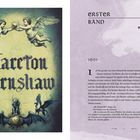 Linke Seite: „Hareton Earnshaw“ in gotischer Schrift, darüber Engel mit Schädel.   
Rechte Seite: „Erster Band“, „Kapitel 1“, Jahr „1801“.