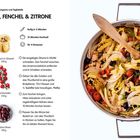 Rezept für Thunfisch, Fenchel & Zitrone. Zutaten und Zubereitung sind beschrieben. Rechts ein Topf mit dem Gericht.