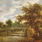 Eine malerische Szene zeigt eine alte Brücke über einen Bach, umgeben von Bäumen und einem bewölkten Himmel.