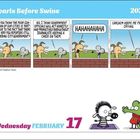 "Pearls Before Swine 2027" oben, "Wednesday FEBRUARY 17" unten. Comic mit zwei Tieren in einem Dialog über Journalisten.