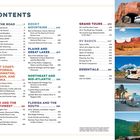 Inhaltsverzeichnis mit Kategorien wie "Hit the Road", "West Coast", "Rocky Mountains". Bilder von Wohnmobilen und Landschaften.