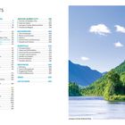 Inhaltsangabe eines Reiseführers mit Themen wie Montréal, Québec City, Natur und Essentials. Foto von grüner Landschaft mit Fluss.